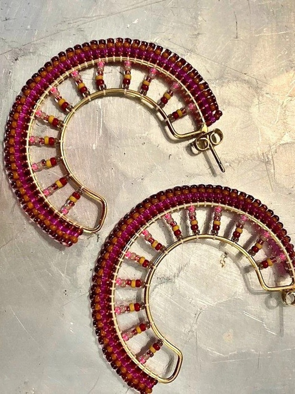 Beaded Hoop Earrings in Pink & Gold Like New